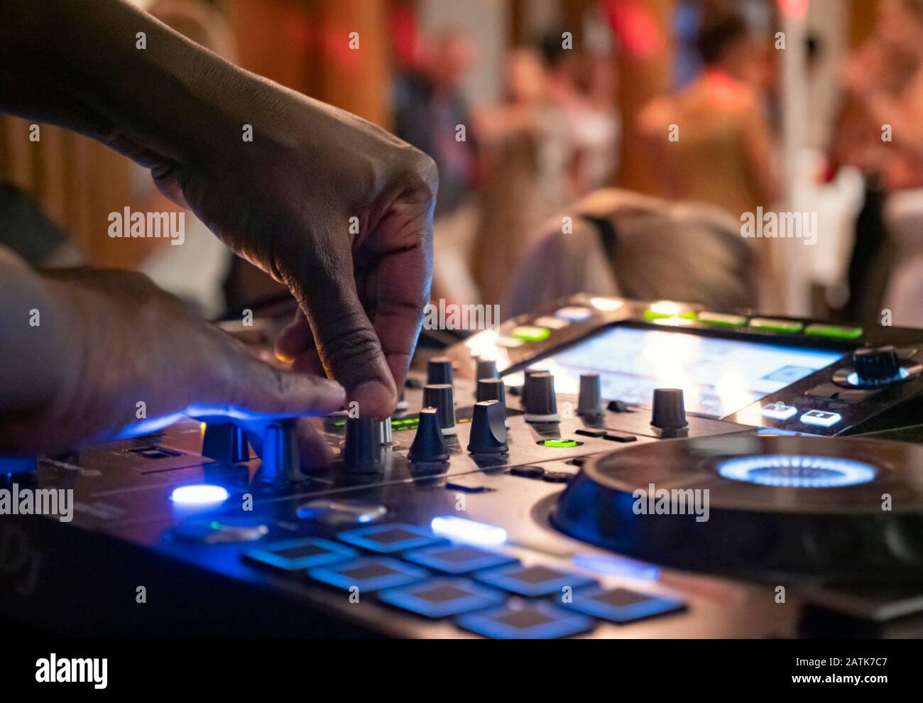 dj club dance party background with sound mixer console Stock Photo - Alamy
