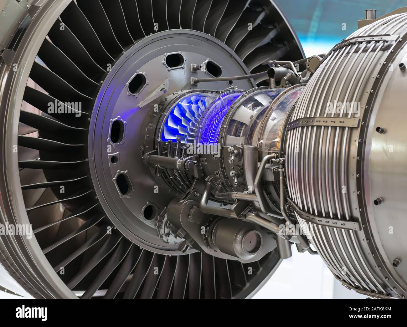 close-up of a large jet engine turbine blades Stock Photo