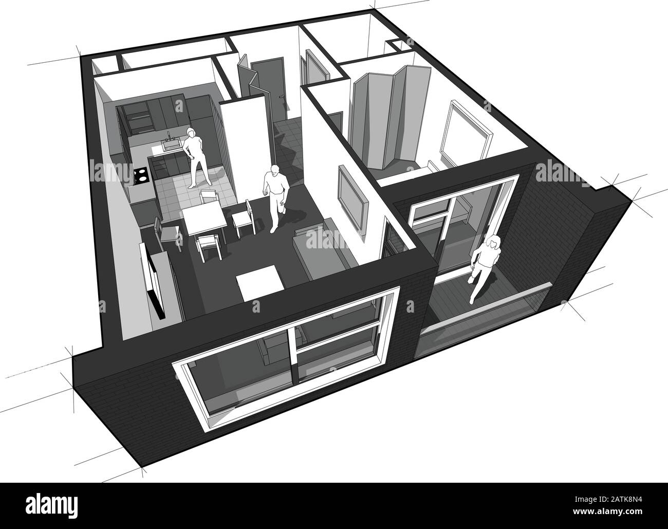 Perspective cutaway diagram of a one bedroom apartment completely furnished Stock Vector