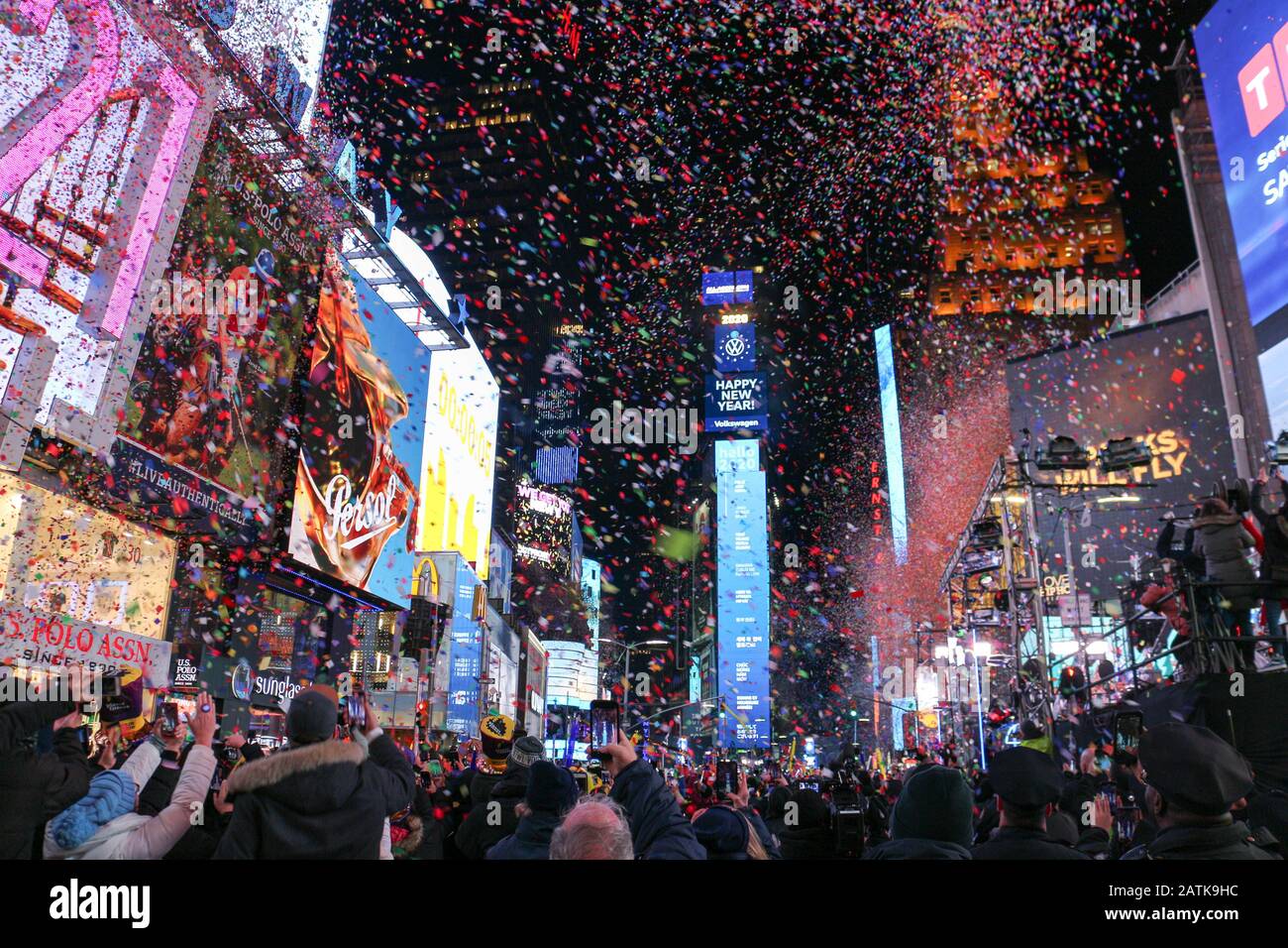 Millions of participants gather at Times Square in New York City to celebrate New Year’s Eve on January 1, 2020. Stock Photo