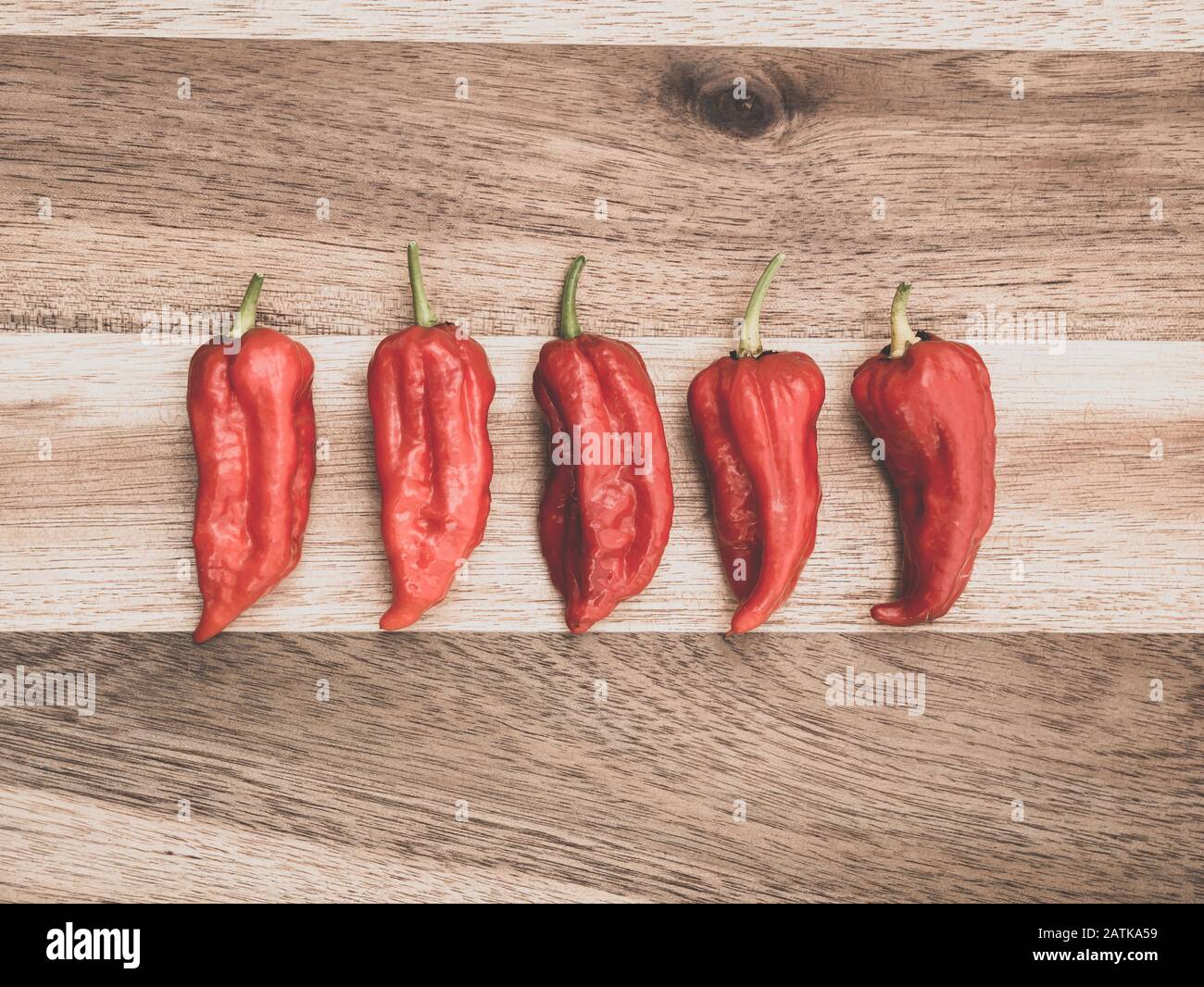 Decoration of chili peppers on wodden board. Five Bhut jolokia on wooden background Stock Photo