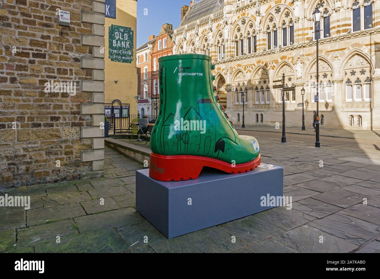 Giant fibre glass  boot, part of a Shoe Sculpture Trail to celebrate the town's rich shoe making heritage; Northampton, UK Stock Photo