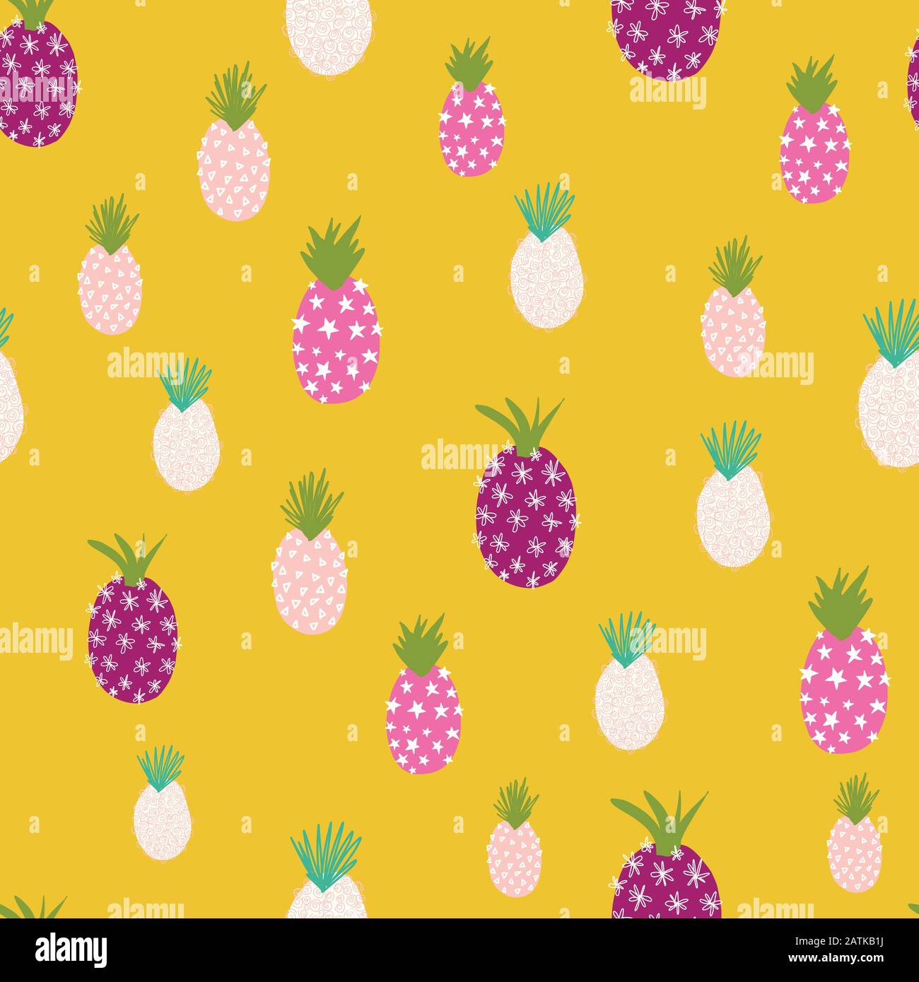 Abstract summer pineapples seamless vector pattern. Repeating colorful tropical background. Hand drawn exotic fruit isolated in cartoon doodle style Stock Vector