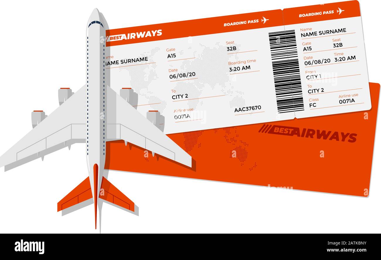 Realistic airline ticket boarding pass with airplane. Air travel by aircraft plane red color document vector illustration Stock Vector