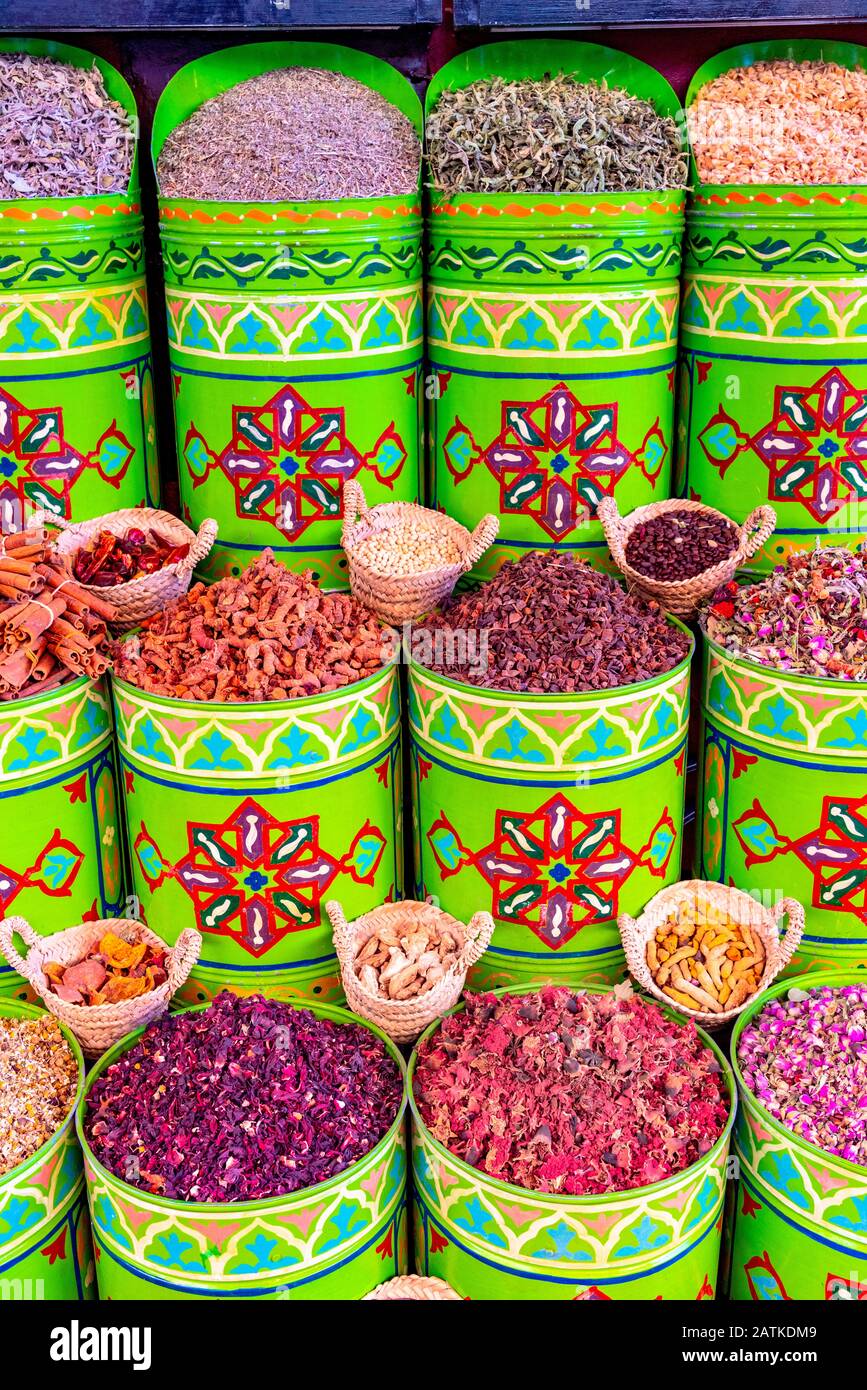 Spices and herbs being sold on street stal at Marrakech traditional market, Morocco. Stock Photo