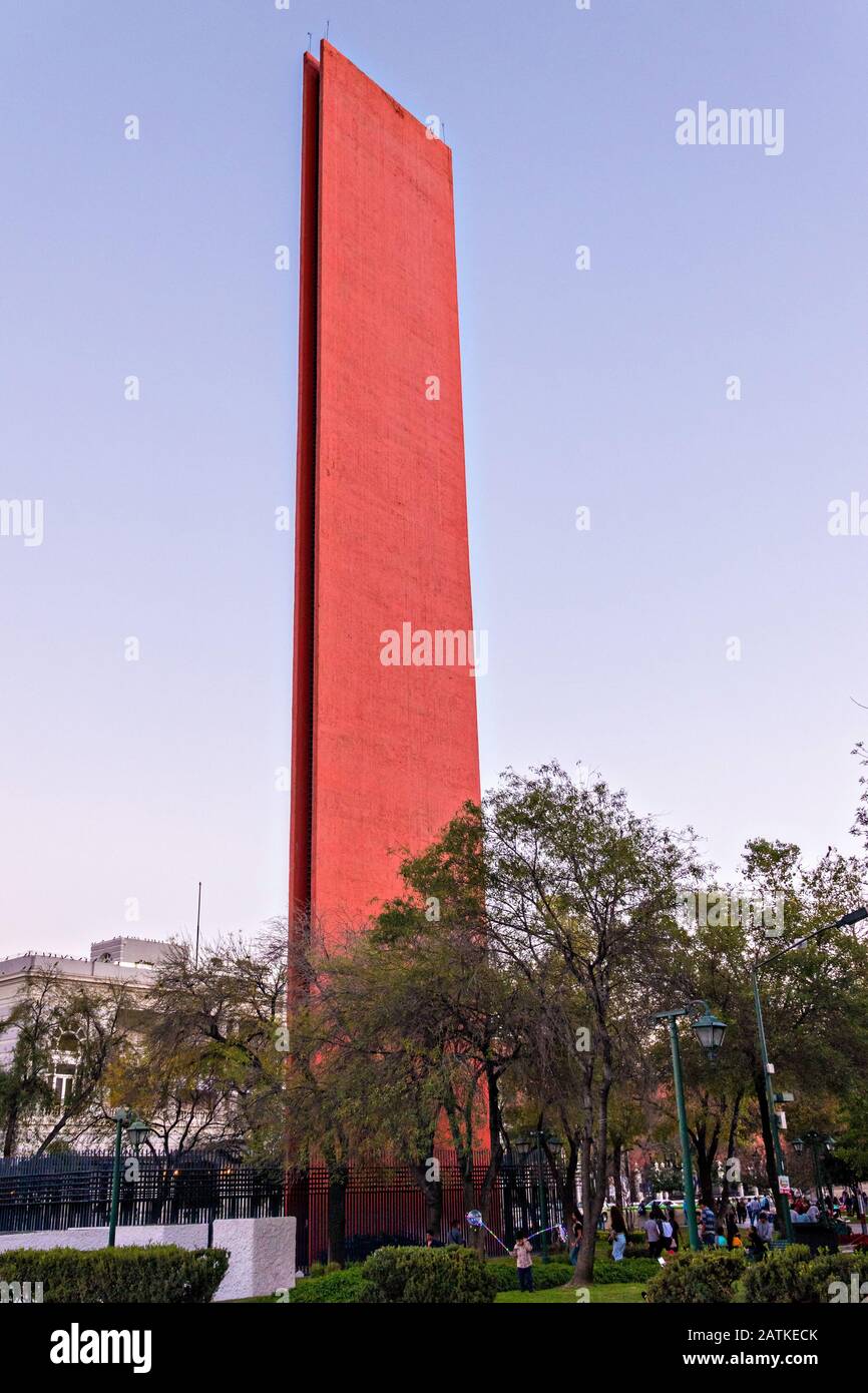 The Lighthouse of Commerce or Faro de Comercio monument in the Macroplaza square in the Barrio Antiguo neighborhood of Monterrey, Nuevo Leon, Mexico. The modernist monument was designed by Mexican architect Luis Barragan and built to commemoration the100th anniversary of the Monterrey Chamber of Commerce. Stock Photo