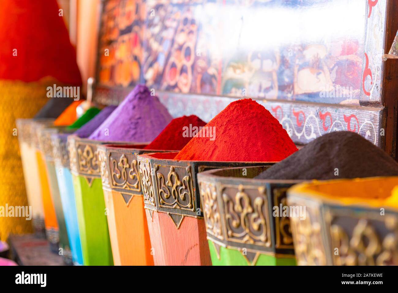 Spices and herbs being sold on street stal at Marrakech traditional market, Morocco. Stock Photo