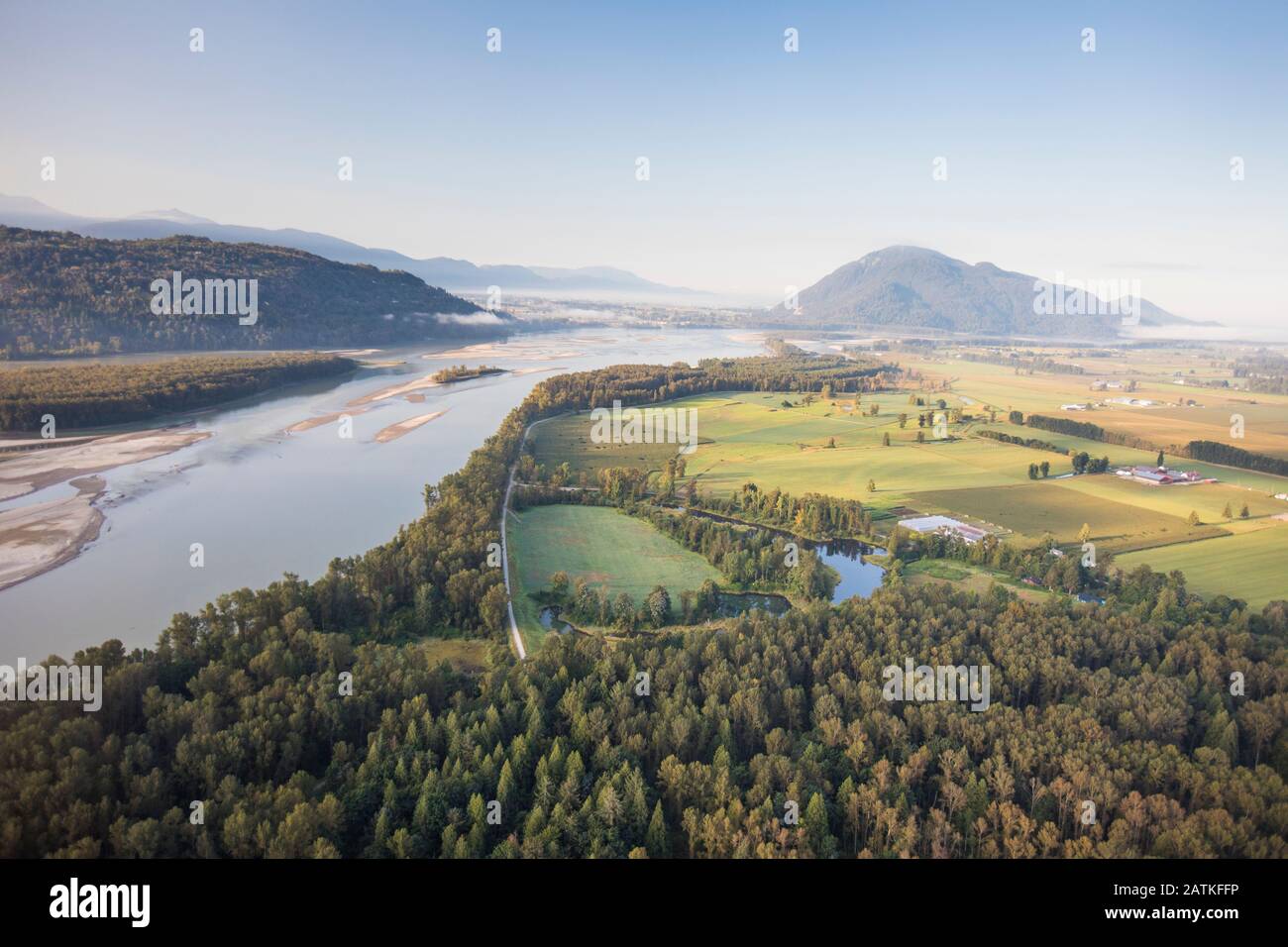 High angle view of Fraser River, forest and farms near Mission, B.C. Stock Photo