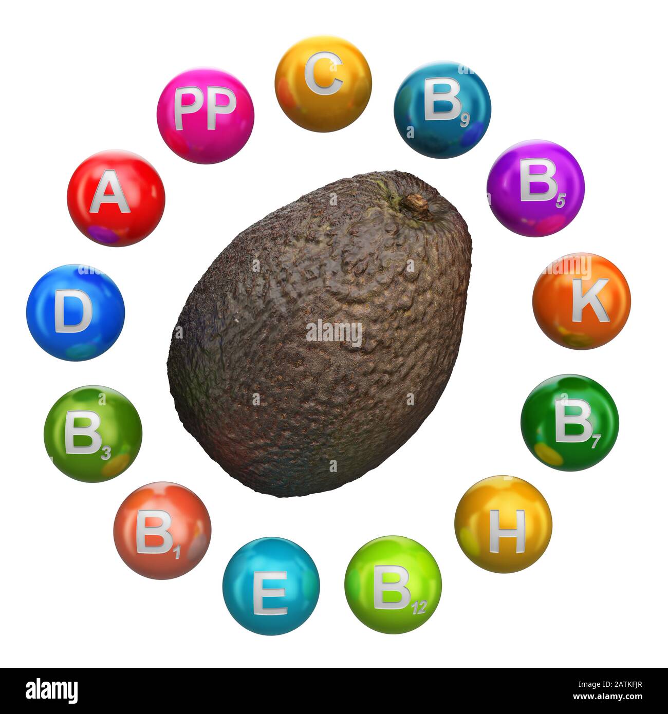 Vitamins in avocado, 3D rendering isolated on white background Stock