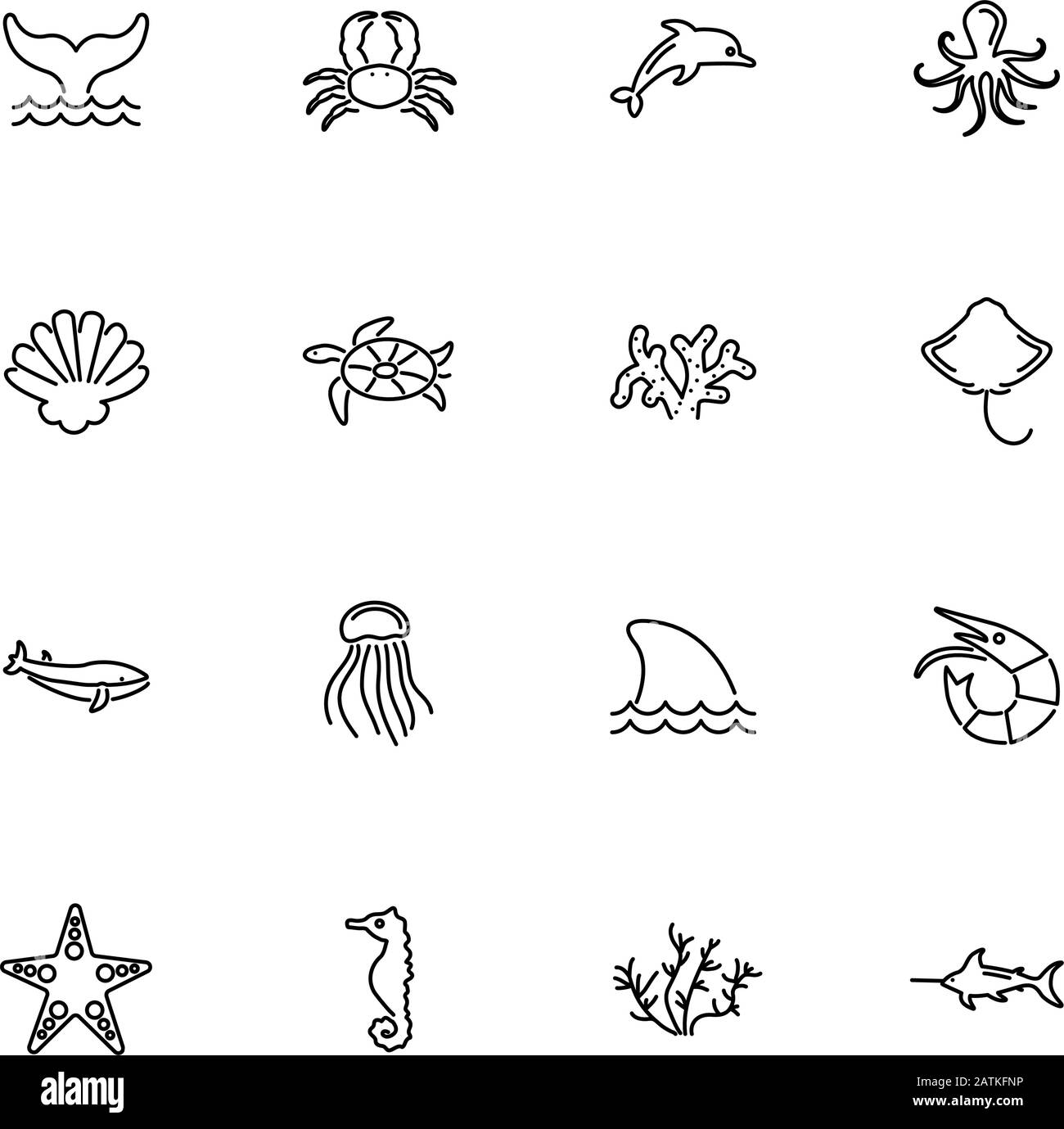 Marine Life, Sea Animal outline icons set - Black symbol on white background. Marine Life, Sea Animal Simple Illustration Symbol - lined simplicity Si Stock Vector
