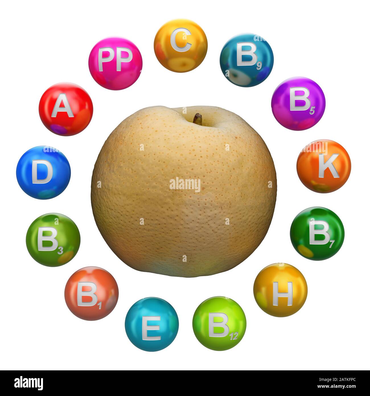 Vitamins in Chinese pear, 3D rendering isolated on white background