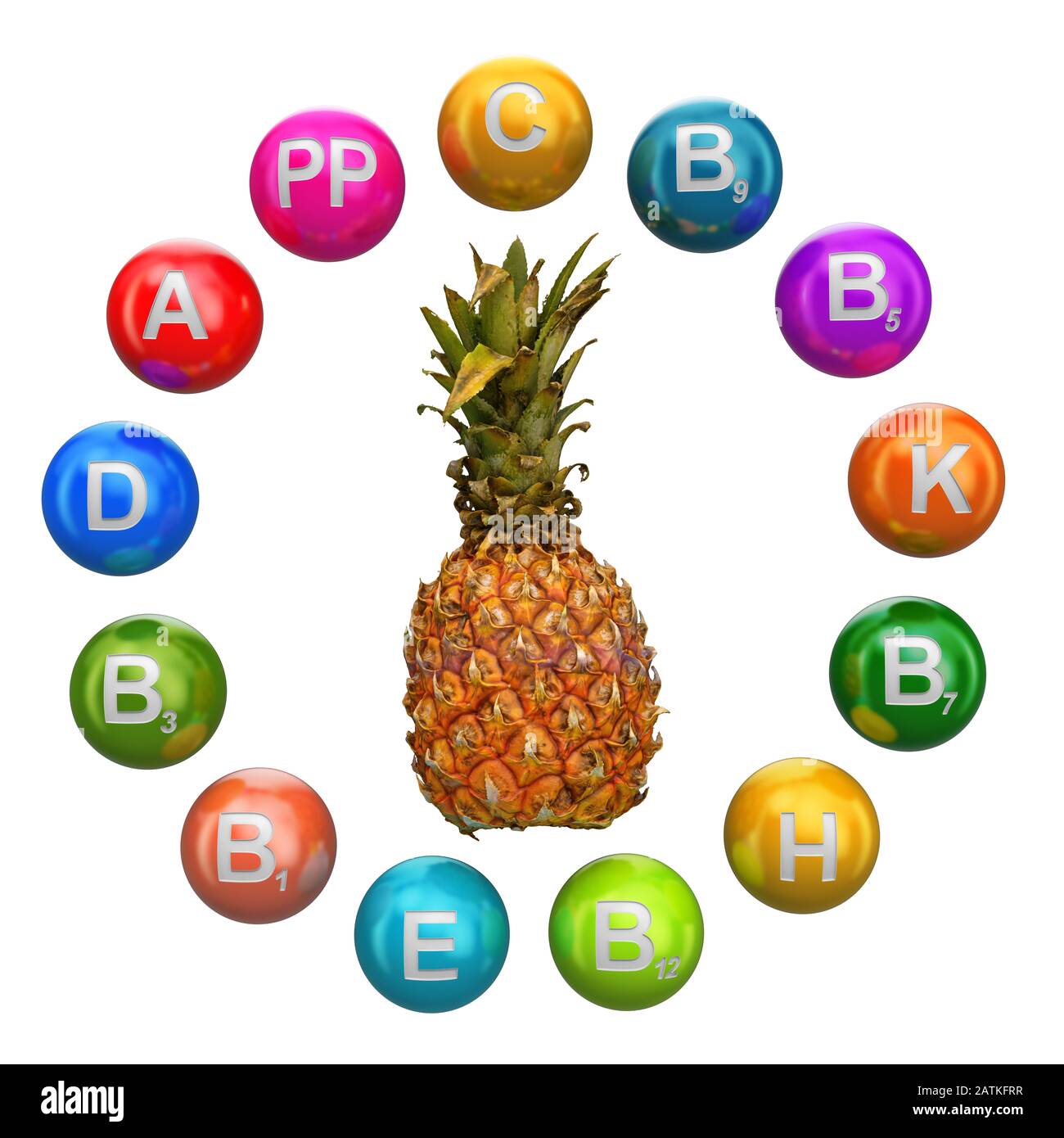 Vitamins in pineapple, 3D rendering isolated on white background Stock