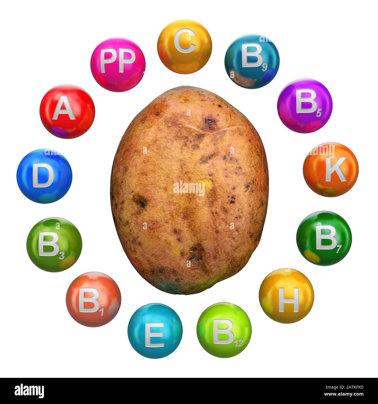 Vitamins in potatoes, 3D rendering isolated on white background Stock