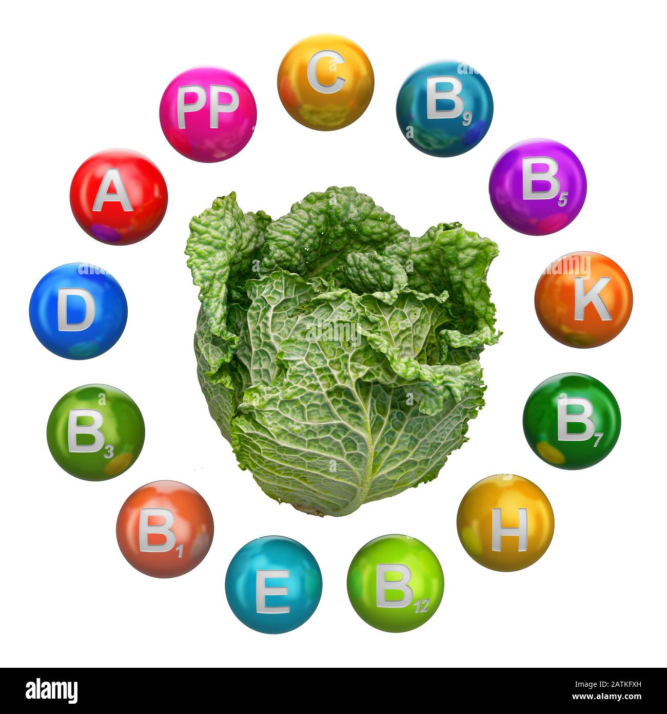 Vitamins in Savoy cabbage, 3D rendering isolated on white background