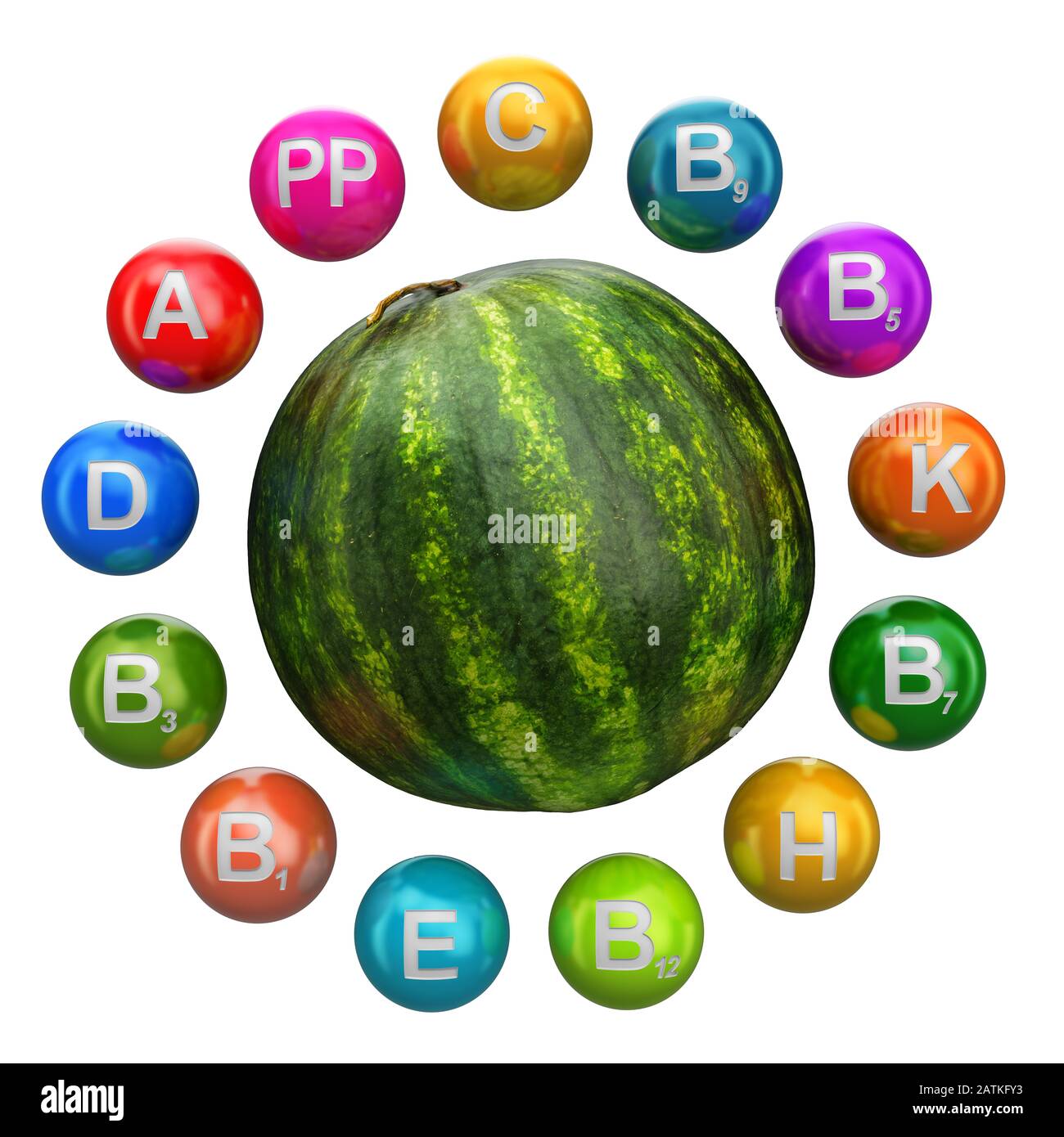 Vitamins in watermelon, 3D rendering isolated on white background Stock