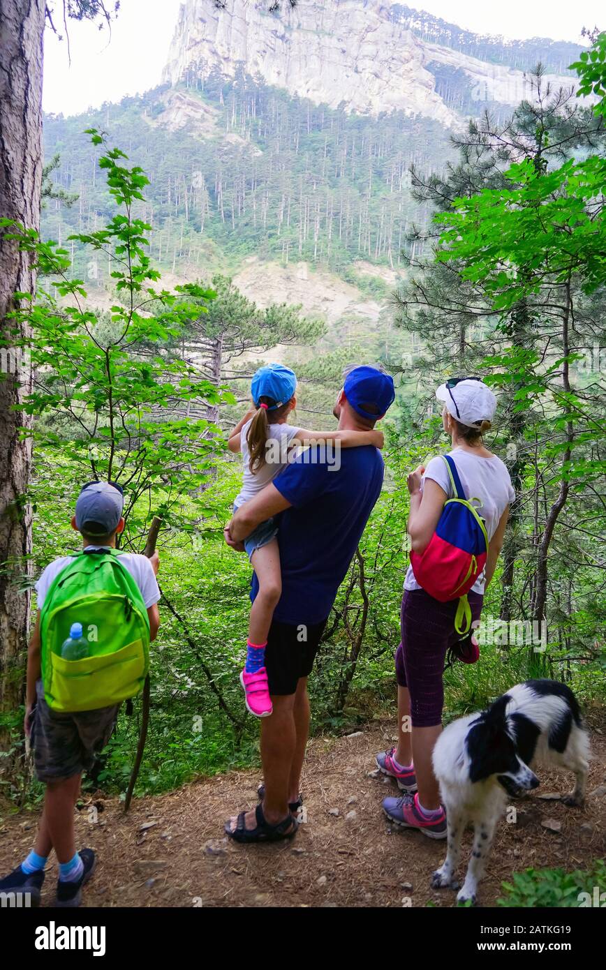 A young family with two children and a dog stand on the edge of a path in a pine forest in the mountains . Crimea. Yalta. Lower Botkin's pathway. Stock Photo
