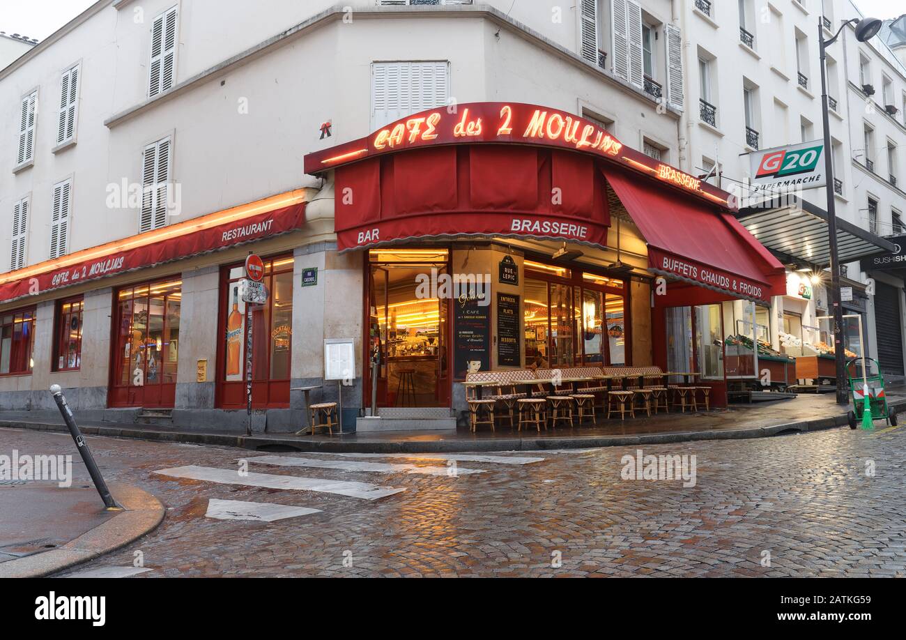 The Cafe des 2 Moulins French for Two Windmills is a cafe in the Montmartre, Paris, France. Stock Photo