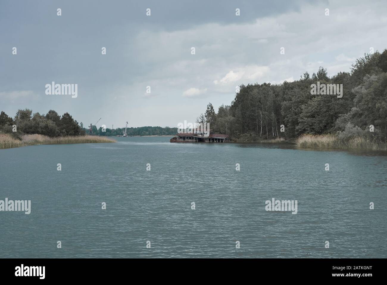 abandoned river port in the city of Pripyat, Chernobyl, Ukraine Stock Photo