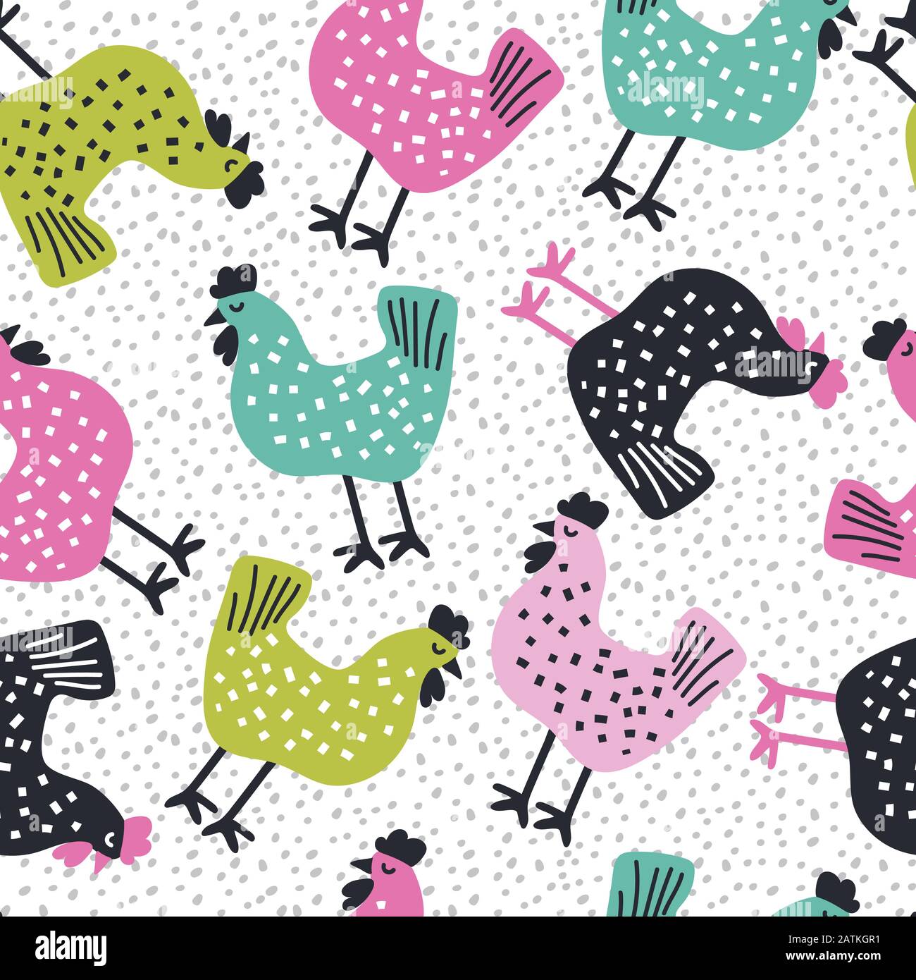Seamless pattern with hens and hand drawn elements reative baby texture Stock Vector