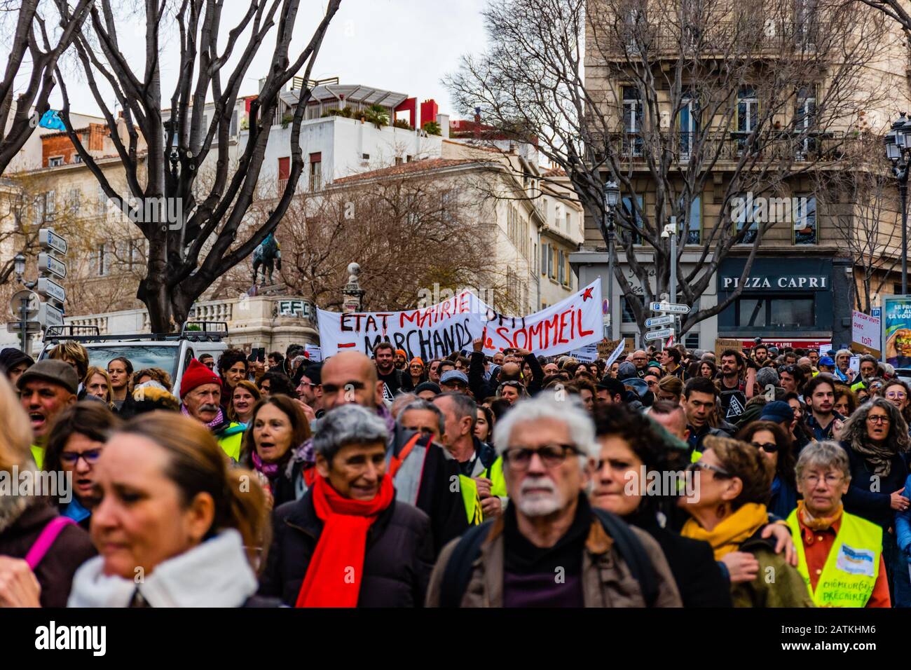 Marseille, France - January 25, 2020: Protesters during a 'marche de la colère' ('the march of anger') concerning housing issues Stock Photo