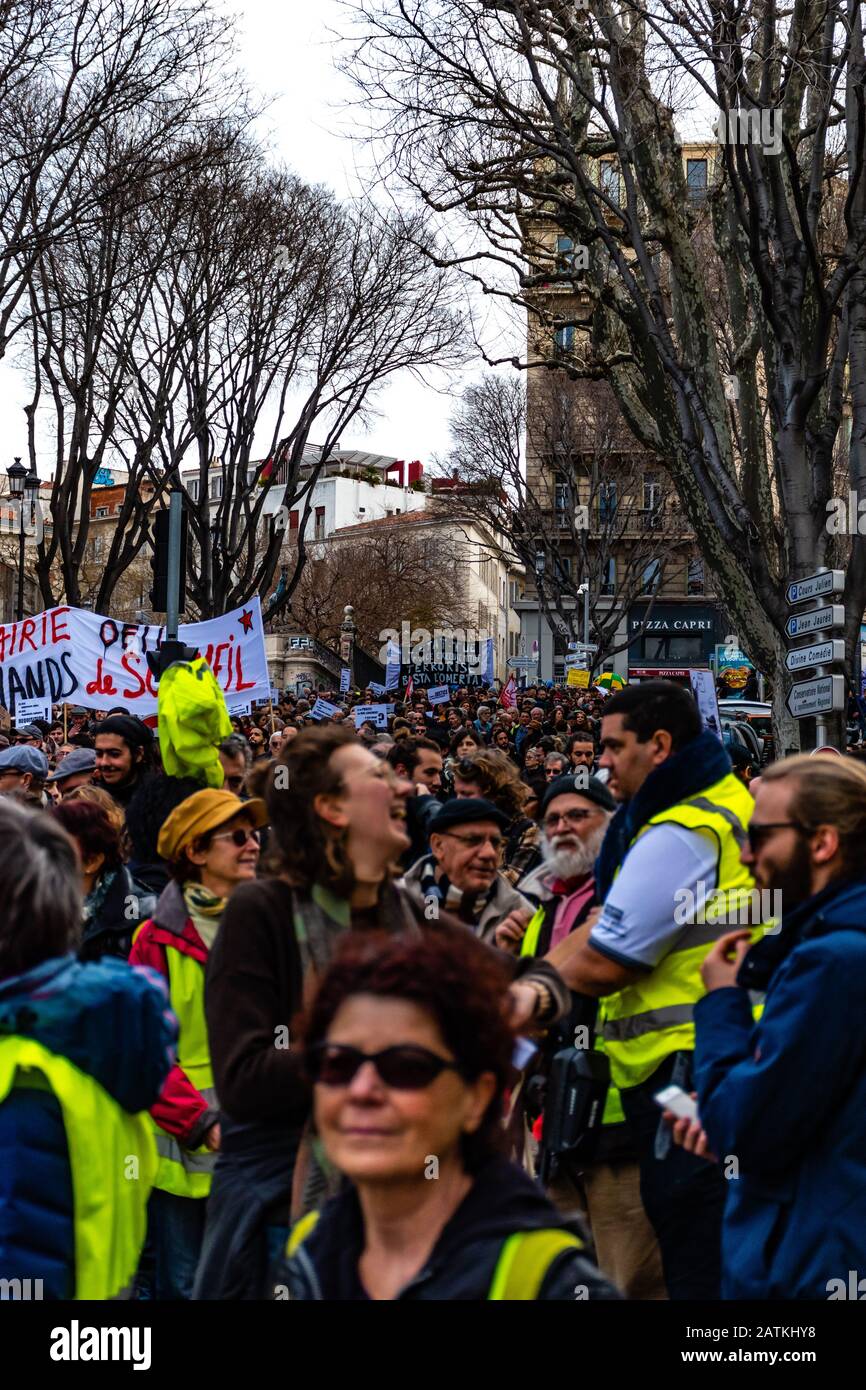 Marseille, France - January 25, 2020: Protesters during a 'marche de la colère' ('the march of anger') concerning housing issues Stock Photo