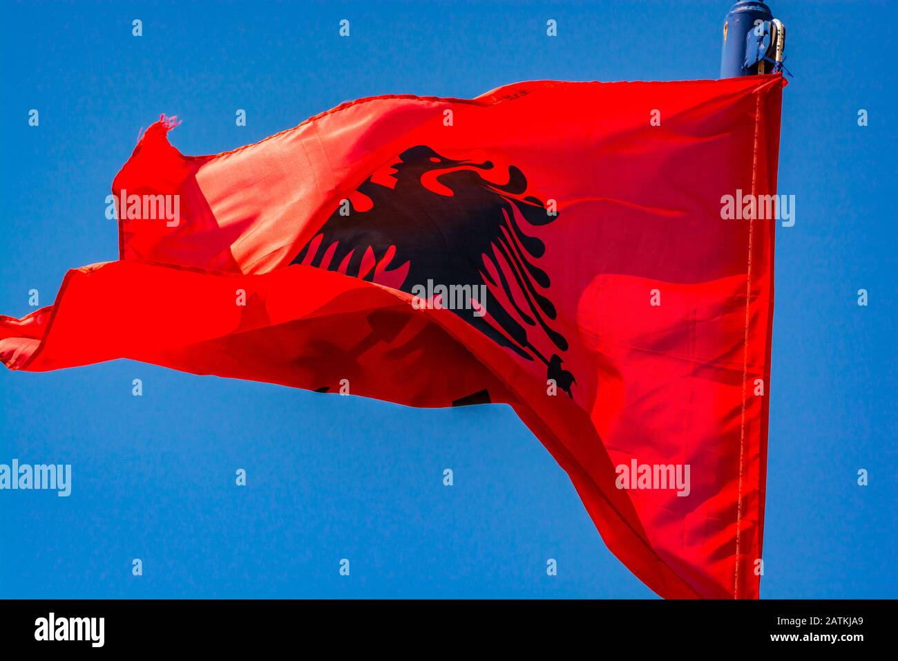 Red albanian flag flying in the wind on blue sky Stock Photo