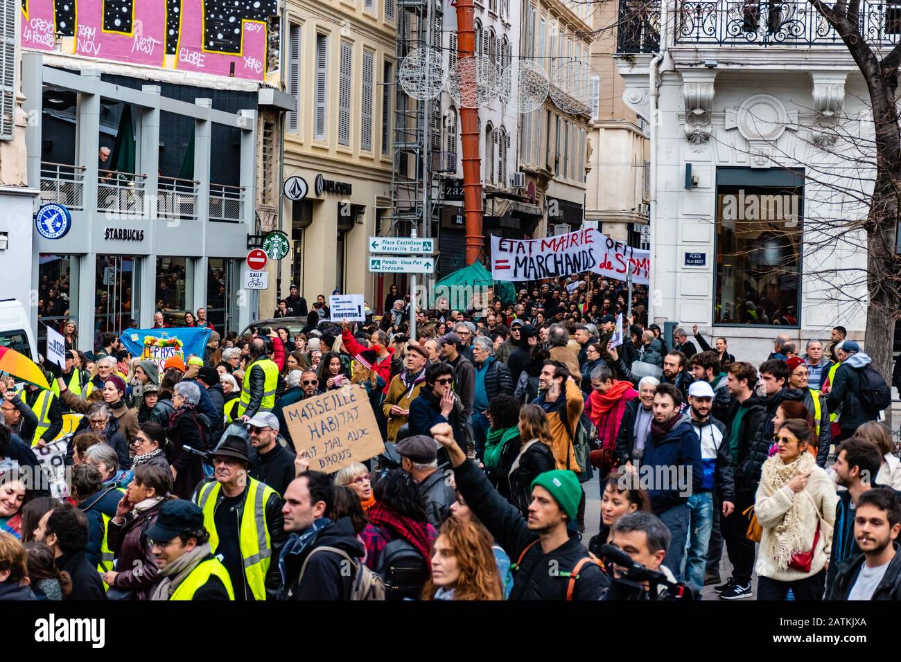 Marseille, France - January 25, 2020: Protesters during a 'marche de la colère' ('the march of anger') concerning housing issues Stock Photo