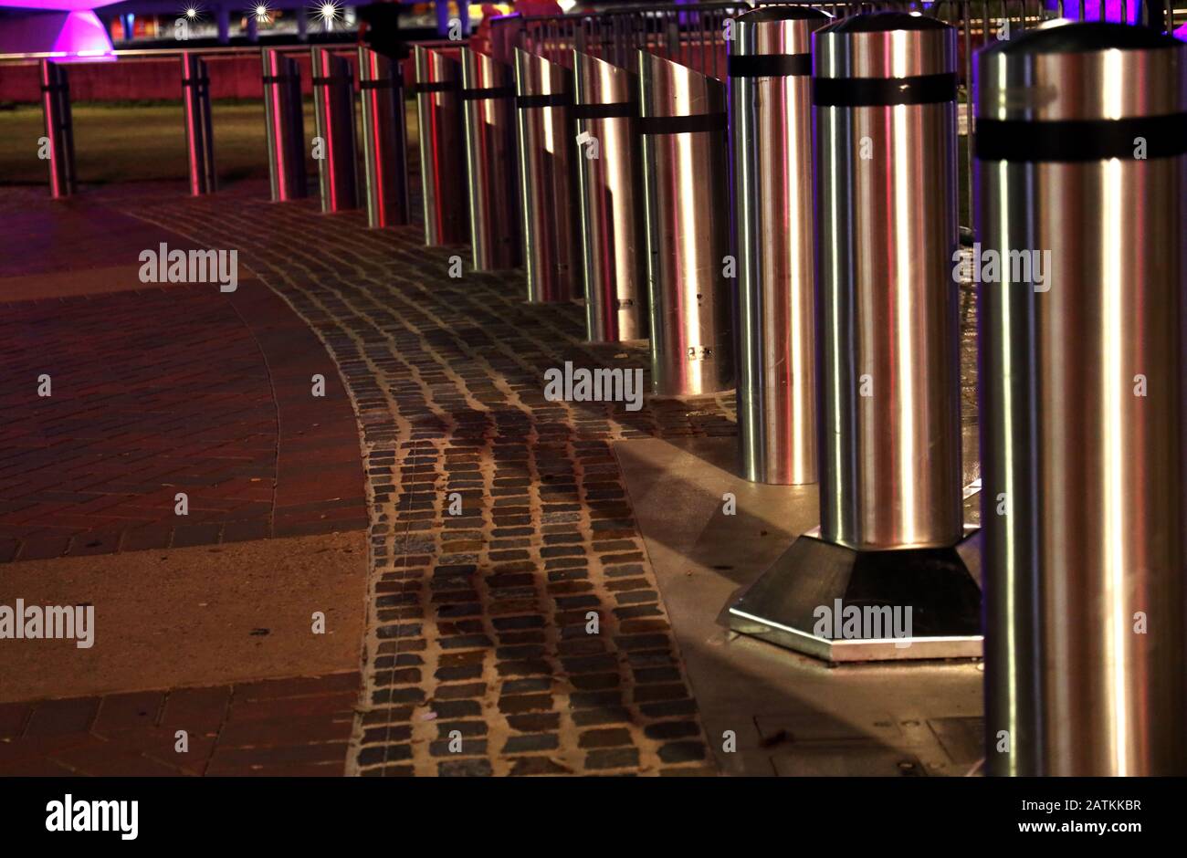 Brisbane QLD: Chrome barriers that block cars from entering the walkway at Southbank. Stock Photo