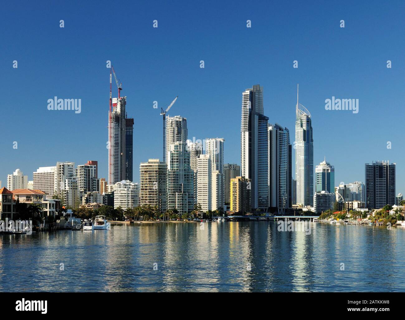 View From Nerang River To Skyline Of Surfers Paradise Gold Coast Queensland Australia Stock Photo