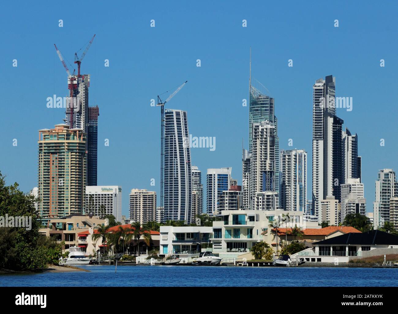 View From Nerang River To Skyline Of Surfers Paradise Gold Coast Queensland Australia Stock Photo