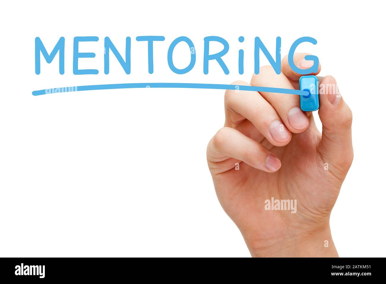 Hand writing the word Mentoring with blue marker on transparent wipe board isolated on white background. Stock Photo