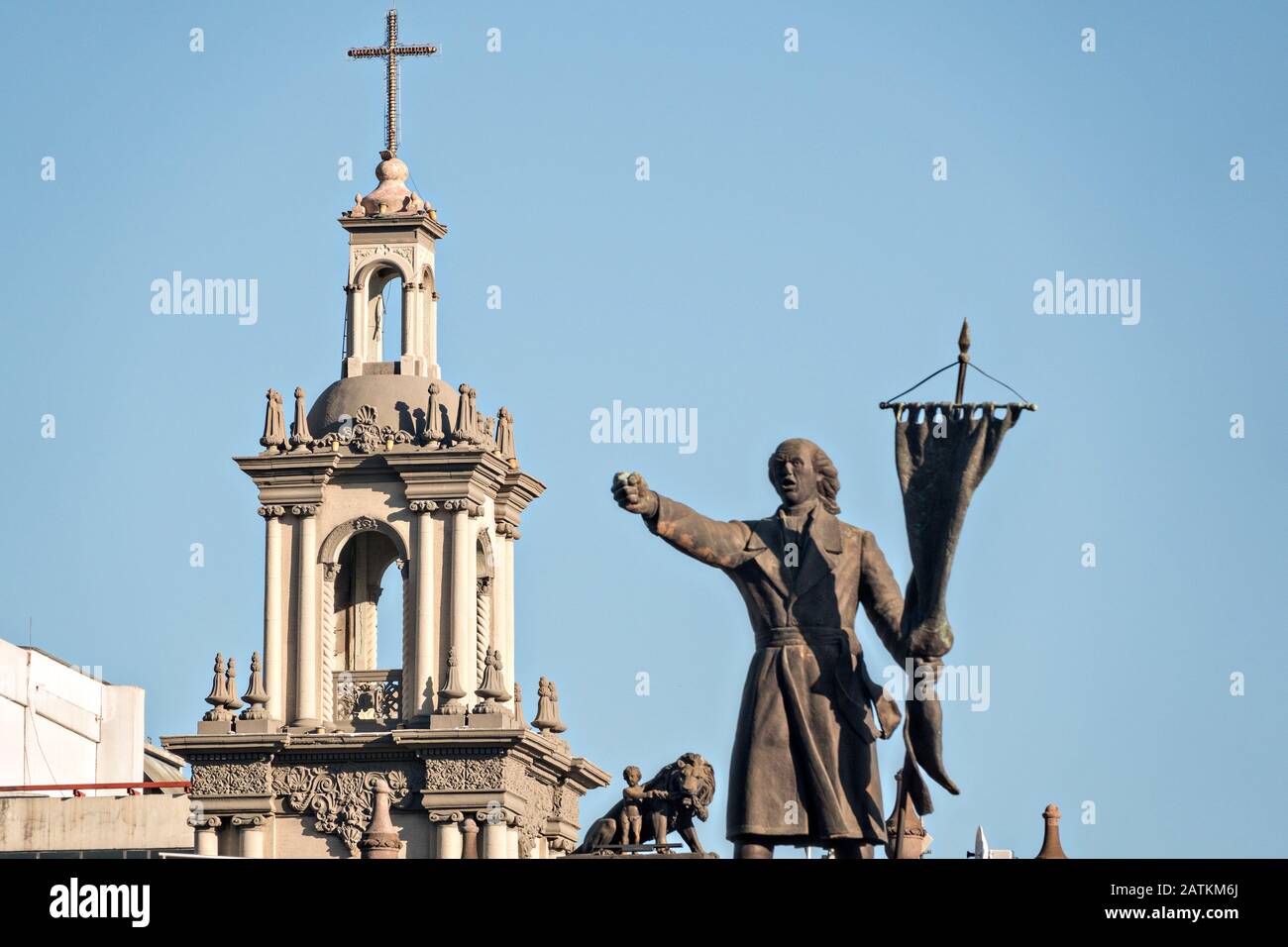 The Iglesia Sagrado Corazon de Jesus or Sacred Heart of Jesus Church with Miguel Hidalgo statue in the Barrio Antiguo neighborhood of Monterrey, Nuevo Leon, Mexico. The church was built between between 1873 and 1904. Stock Photo