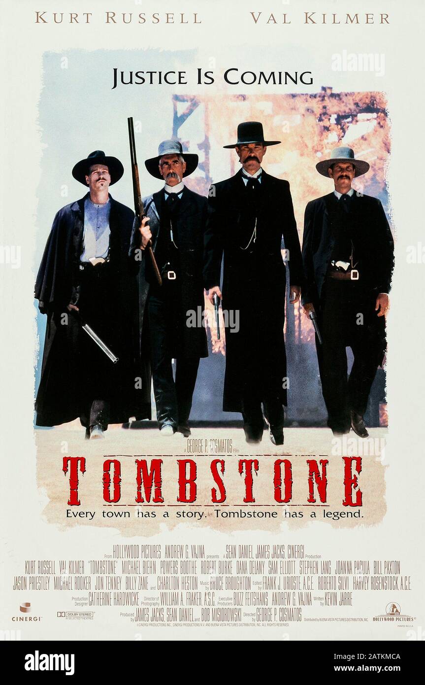 Val Kilmer, Sam Elliott, Kurt Russell, Bill Paxton, Val Kilmer, Sam Elliott, Kurt Russell, Bill Paxton, 'Tombstone' (1993) Hollywood Pictures  Poster  File Reference # 33962-195THA Stock Photo