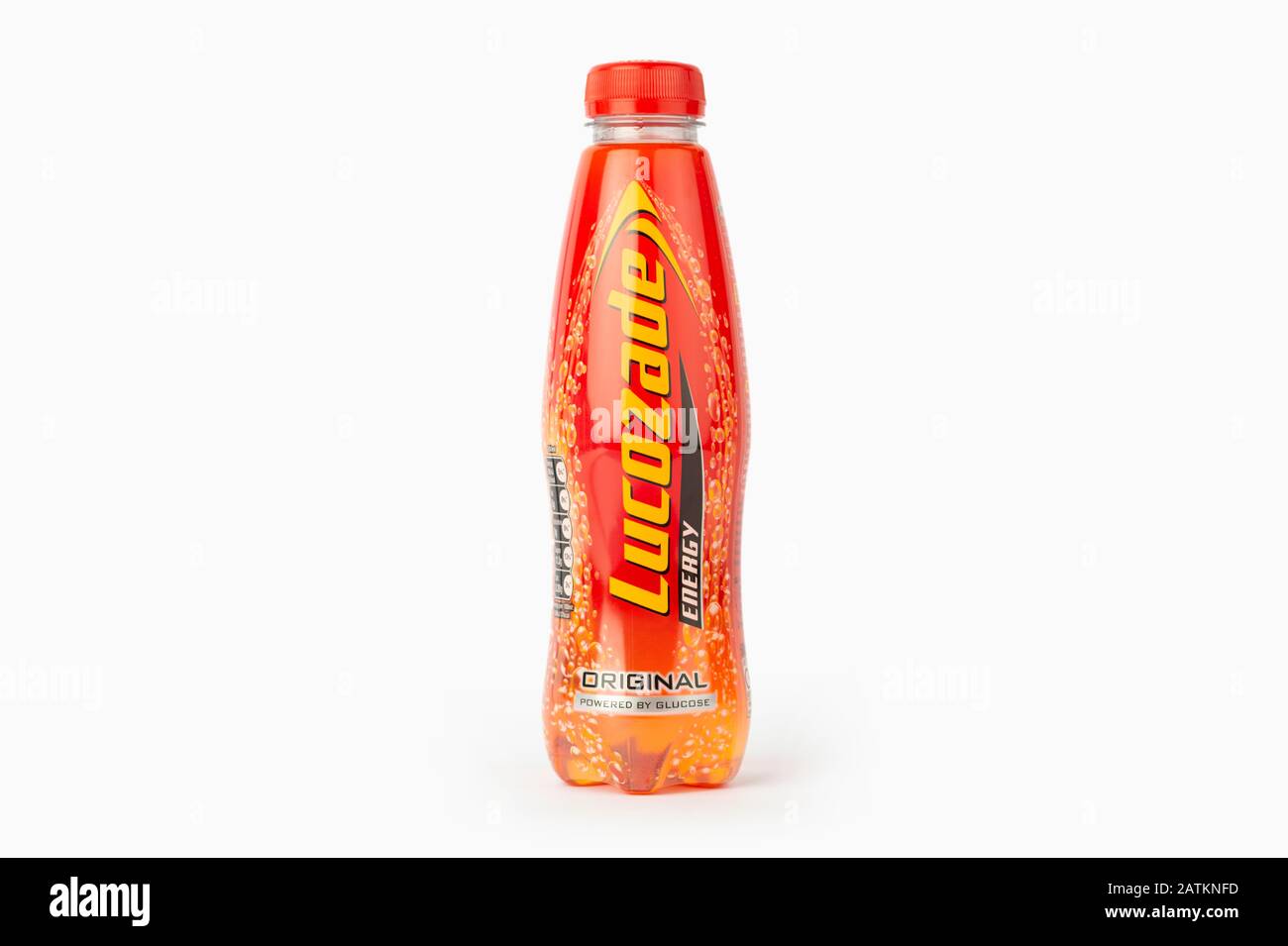A bottle of Lucozade original shot on a white background. Stock Photo