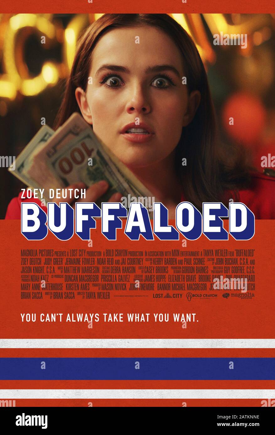 Buffaloed (2019) directed by Tanya Wexler and starring Zoey Deutch, Jai Courtney and Judy Greer. Peg Dahl finds herself crippled by debt and decides to become a debt collector herself. Stock Photo