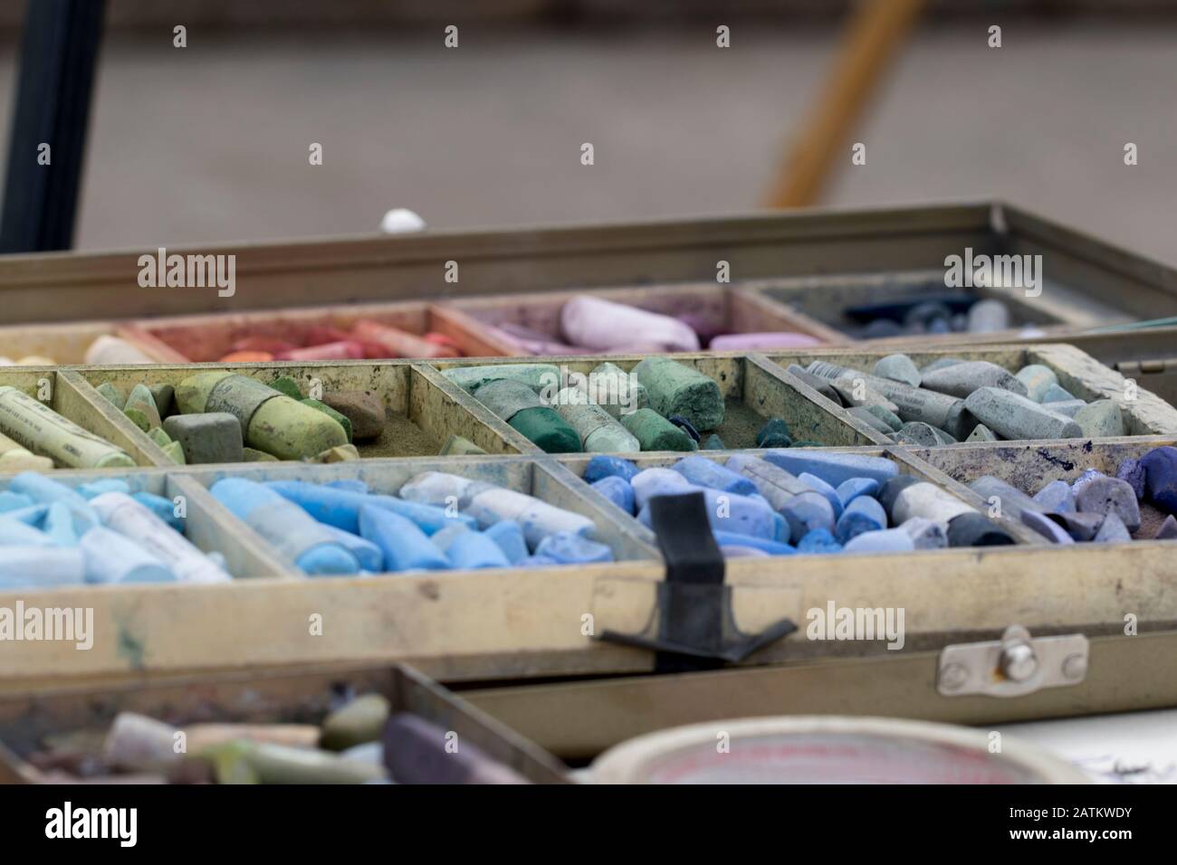 Artist studio close up pastel crayons close up. Visual arts and creativity background with