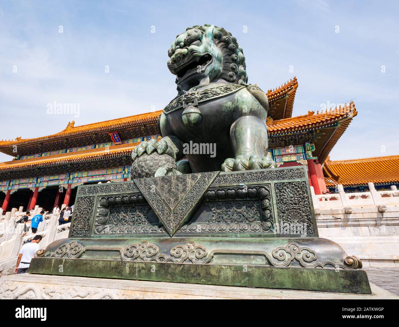 Gate of Supreme Harmony (Taihemen) with bronze guardian lion, Outer Court, Forbidden City, Beijing, China Stock Photo