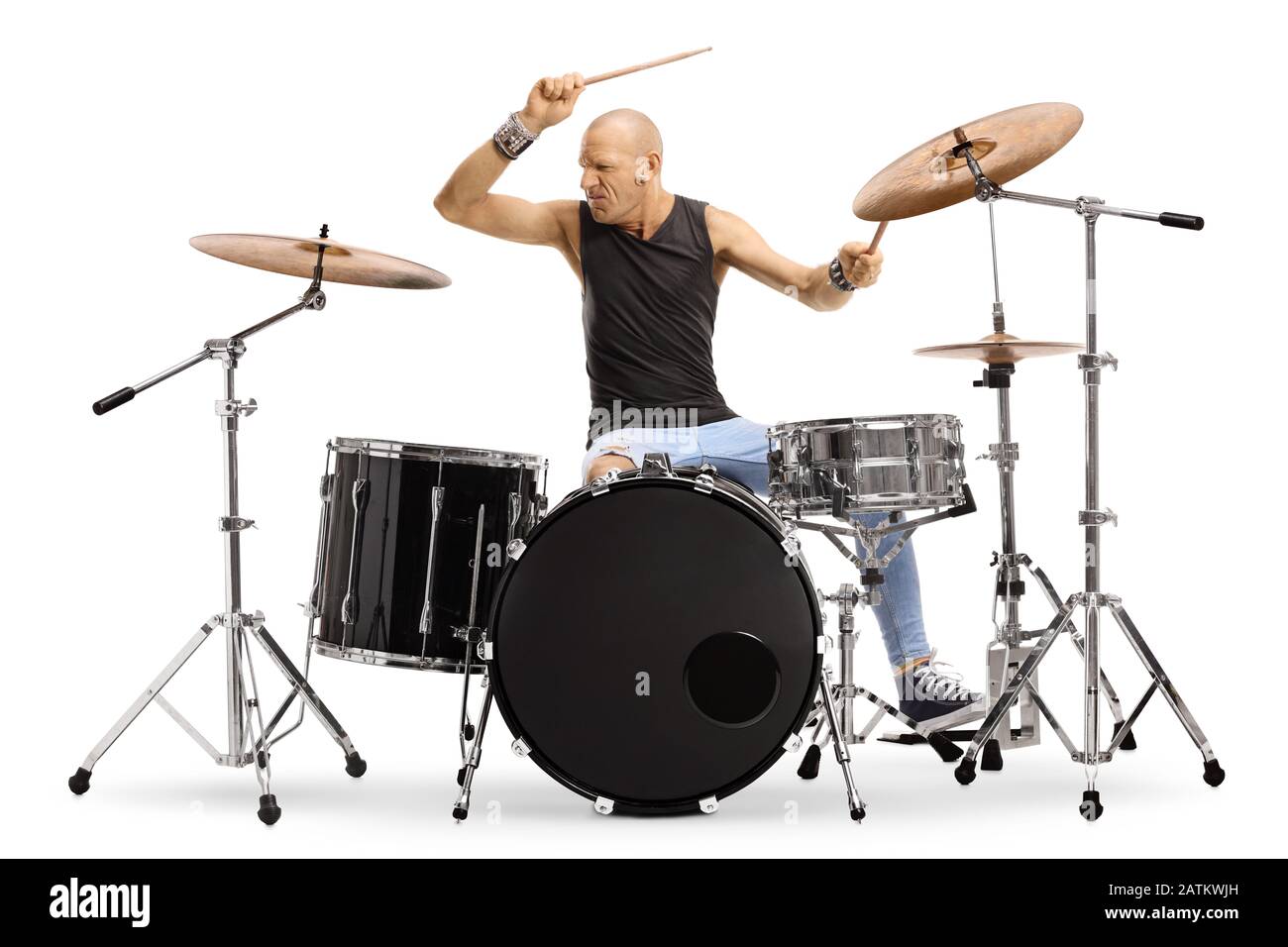 Bald man musician playing drums isolated on white background Stock Photo
