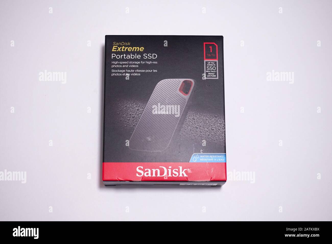 Orlando, FL/USA-2/3/20: A Sandisk portable ssd drive used for backing up computers. Stock Photo