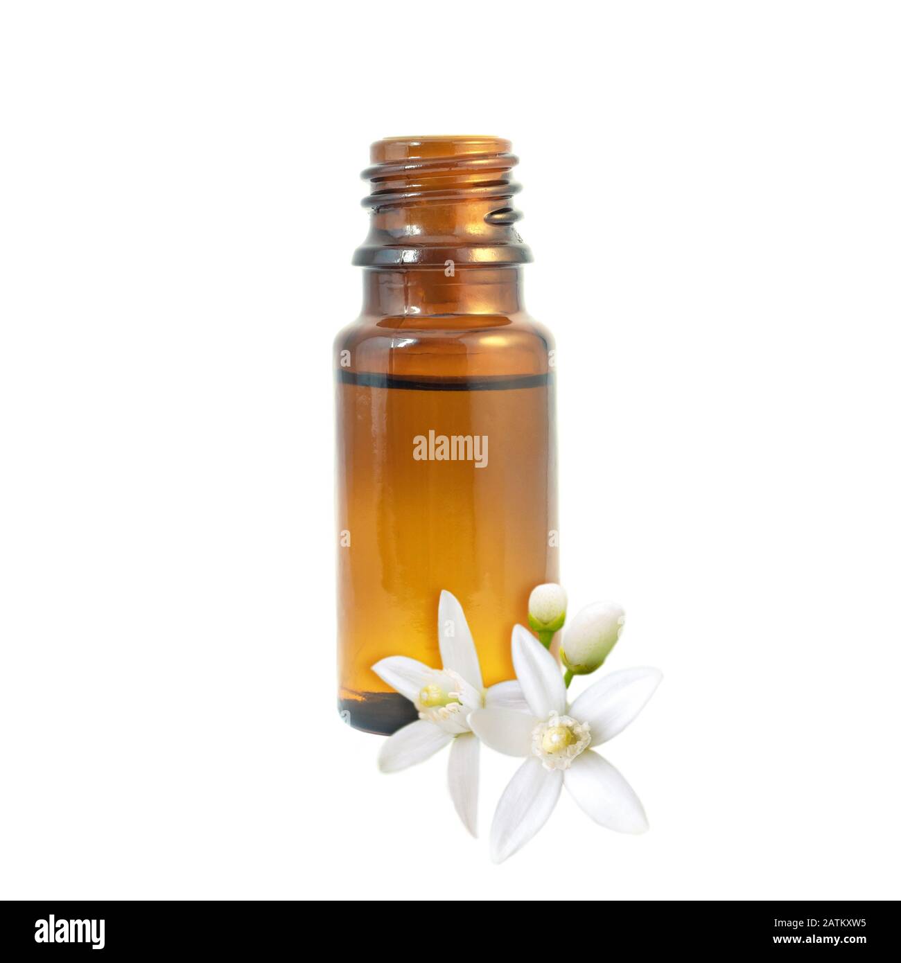 Neroli essential oil in the dark glass bottle and orange tree fragrant flowers isolated on white. Stock Photo