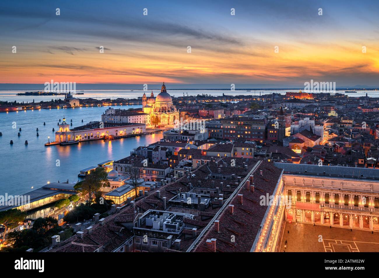 Sunset skyline of Venice with Basilica Santa Maria della Salute and San Marco square Stock Photo