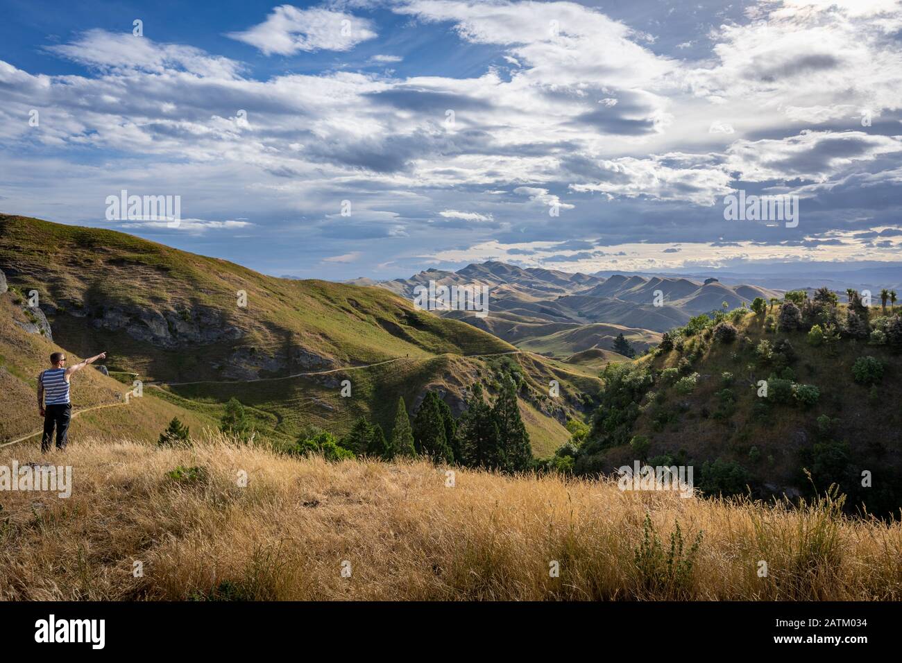 Man pointing with finger at the beautiful landscape of Te Mata Peak. Hawke's Bay. New Zealand. Stock Photo