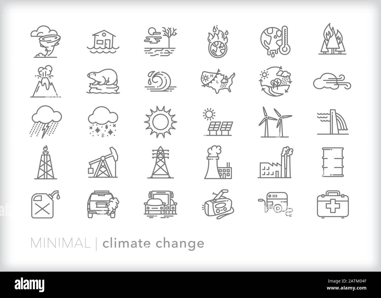 Set of 30 climate change line icons of weather, natural disasters, oil and energy industry and other elements of global warming effects Stock Vector