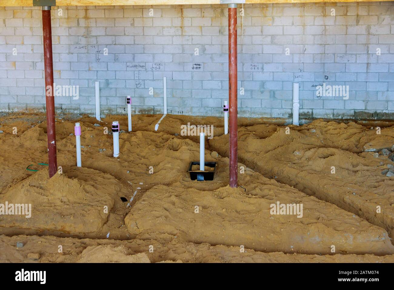 Pex And Drain Sewer Pipes In Home Basement Assembling System Of Sanitary Pipes In The Ground Stock Photo Alamy