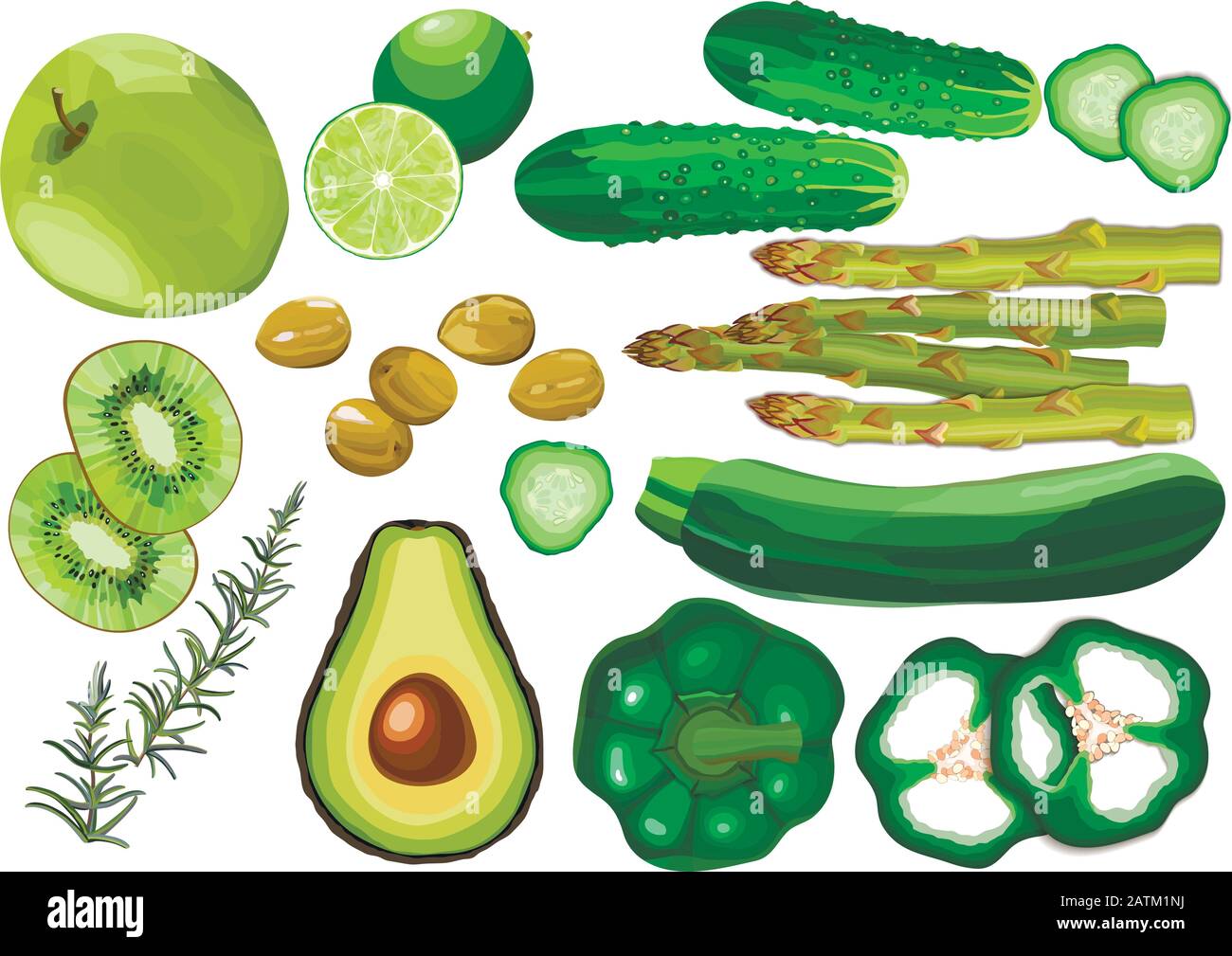 Collection of fresh green color vegetables and fruits raw on white