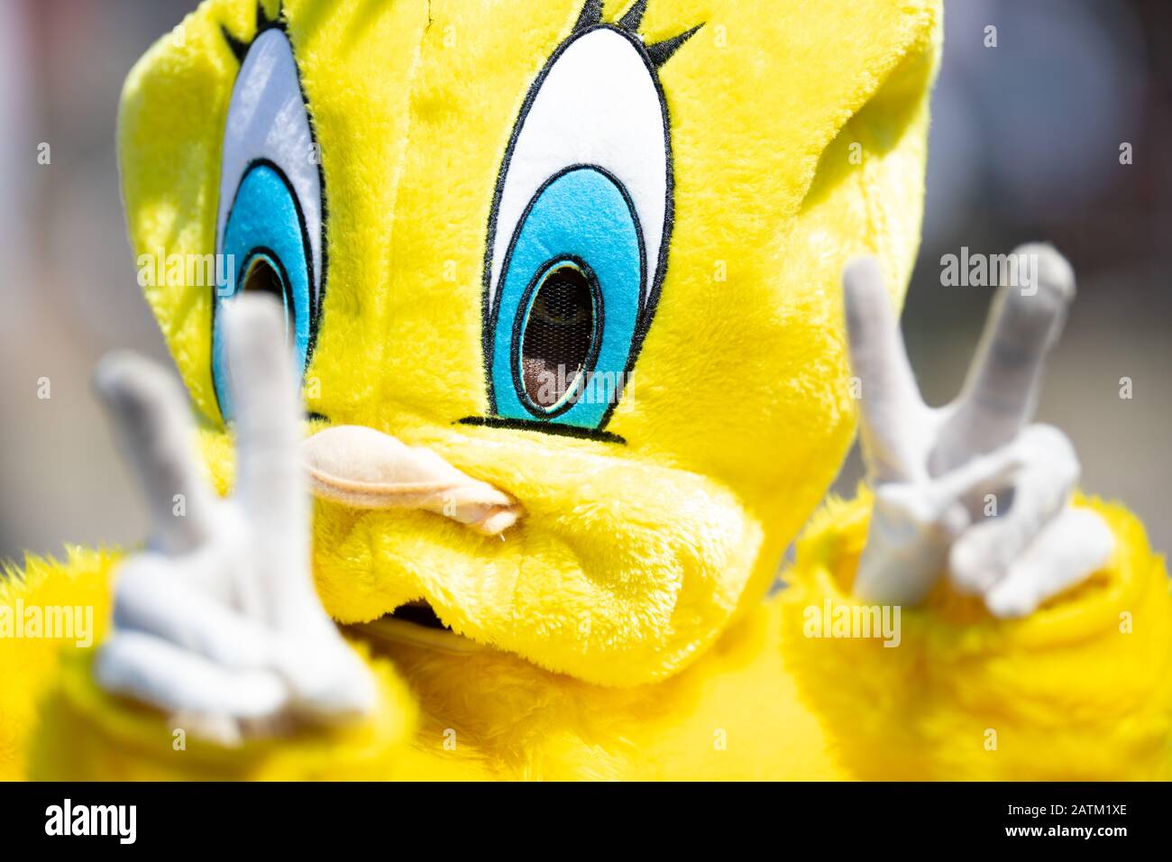 Chicago, Illinois, USA - August 8, 2019: The Bud Billiken Parade, Man dress up as Tweety, giving peace signs during the parade Stock Photo