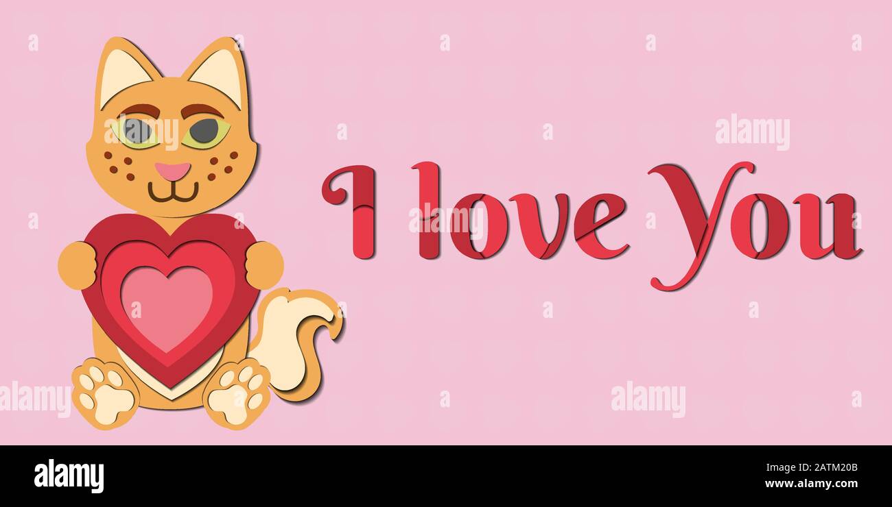 A valentines day vector drawing of a cute paper cut out cat holding a red heart in its paws, pink background. Includes “I love you” caption (text). Stock Vector