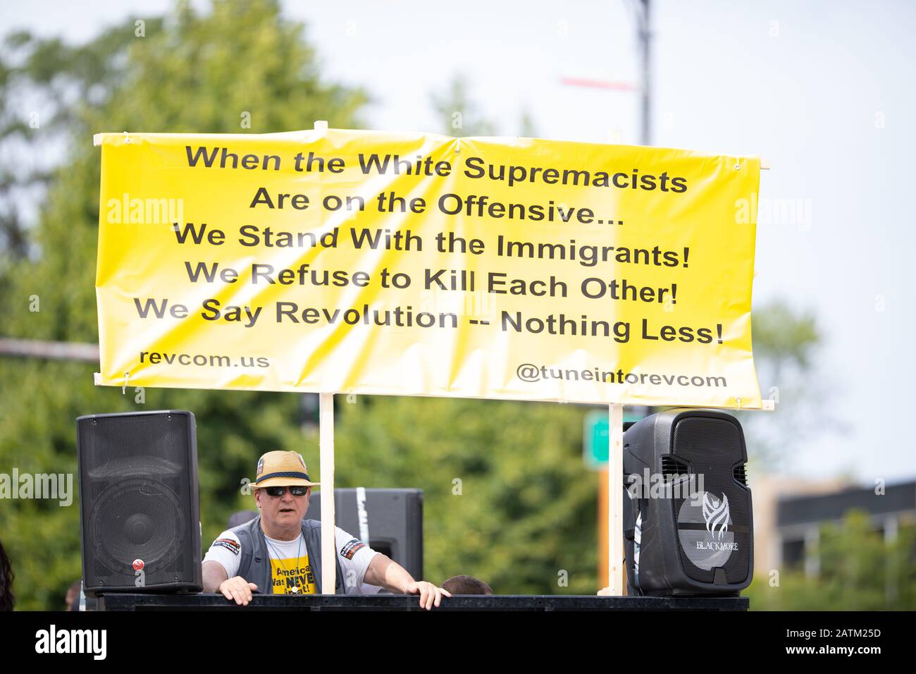 Chicago, Illinois, USA - August 8, 2019: The Bud Billiken Parade, Float with a sign denouncing white supremacists Stock Photo