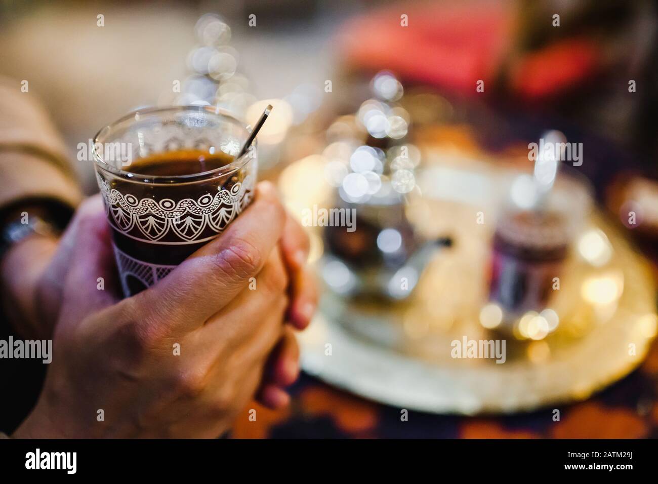 traditional Arabic tea cup, arab people drinking tea in Ramadan Stock