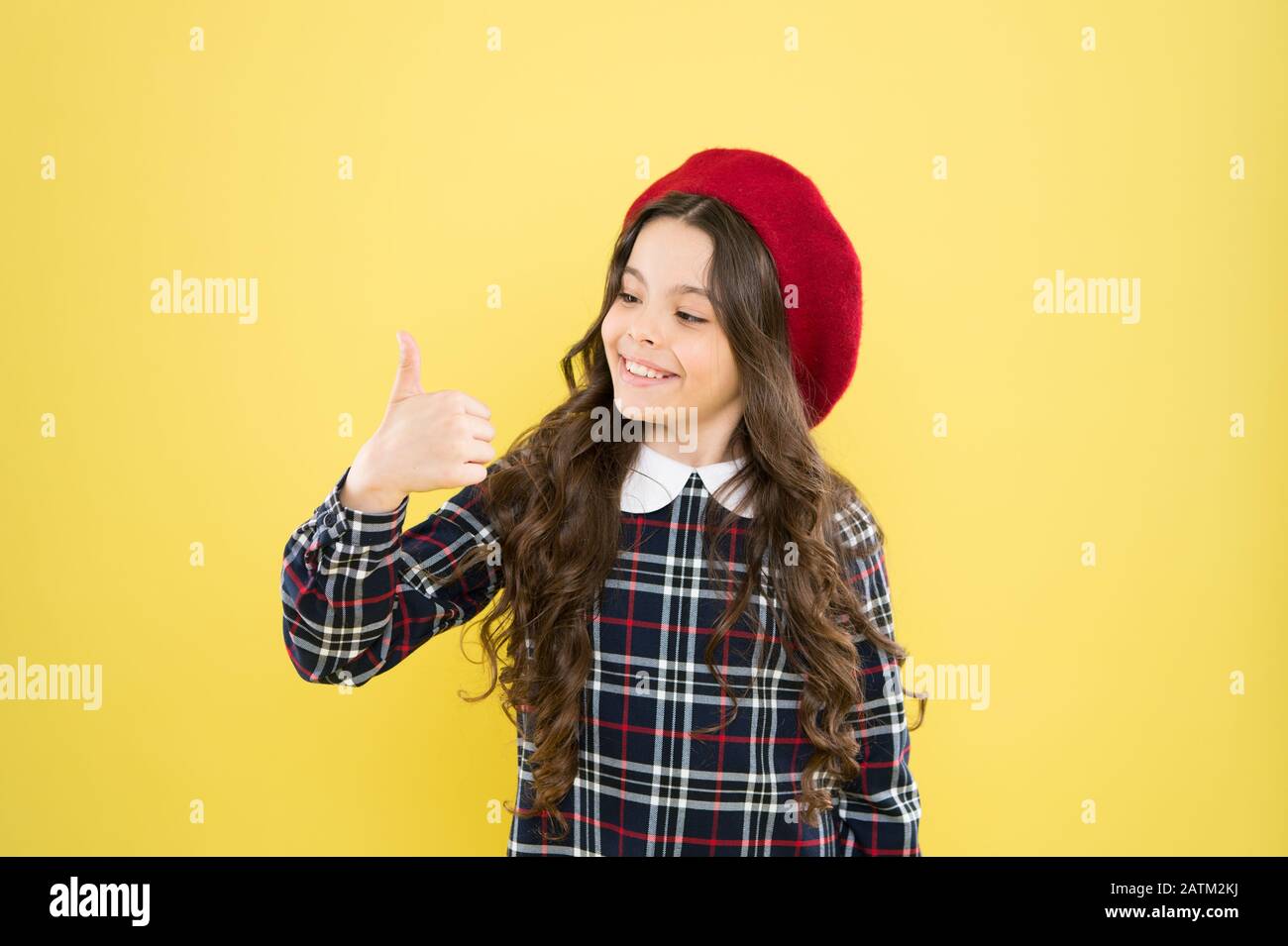 Child Long Curly Hair Wearing Hat Happy Schoolgirl Stylish